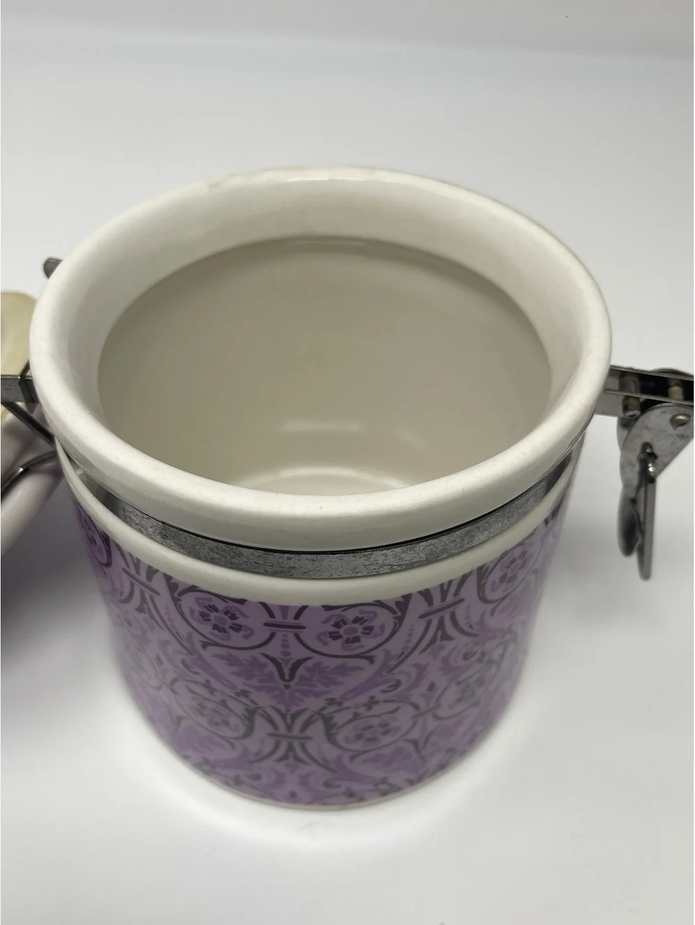 Vintage Purple Floral Ceramic Jar Canister Storage Container Wire Metal Clamp